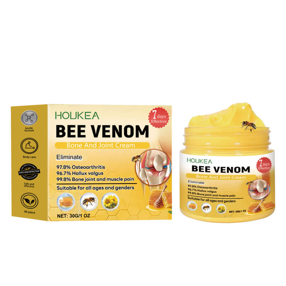 NUTRIVIBE HOUKEA BEE VENOM Bone and Joint Cream for pain relief and mobility support, 30g product packaging and jar.