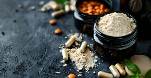 NUTRIVIBE supplement jars with powders and capsules on a dark surface for lifestyle enhancement.