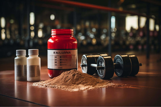 NUTRIVIBE high-quality supplements with protein powder, capsules, and weights in a gym setting.