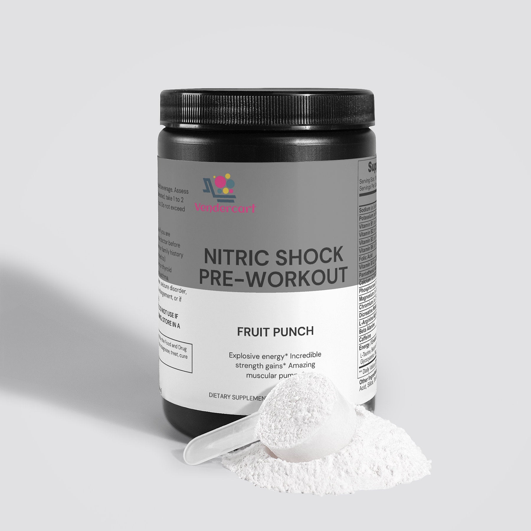 NUTRIVIBE Nitric Shock Pre Workout boosts strength, energy, endurance, and mental focus for enhanced performance during intense training sessions.