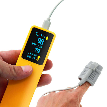 Nutrivibe Handheld Pulse Oximeter monitors SpO2 and pulse rate with finger or palm sensors, ideal for home, clinical, and cross-border use.