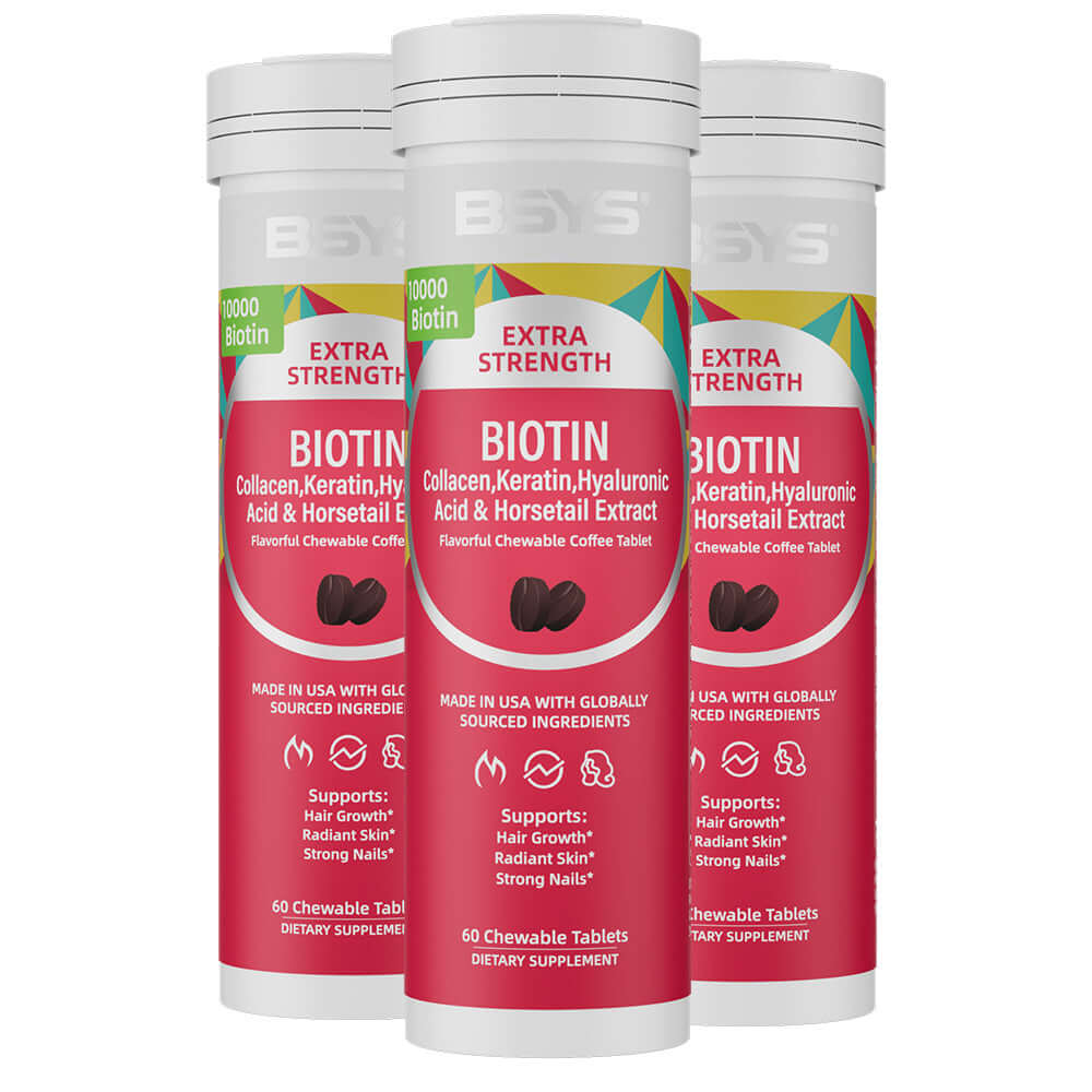 NUTRIVIBE BSYS Coffee Biotin Chews support hair growth, nail strength, and beauty from within with a delicious coffee flavor you’ll love.