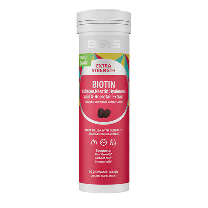NUTRIVIBE BSYS Coffee Biotin Chews support hair growth, nail strength, and beauty from within with a delicious coffee flavor you’ll love.