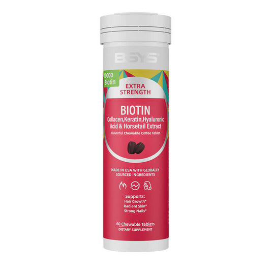NUTRIVIBE BSYS Coffee Biotin Chews support hair growth, nail strength, and beauty from within with a delicious coffee flavor you’ll love.
