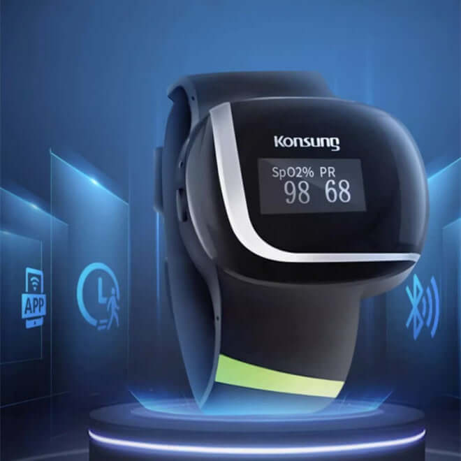 Nutrivibe Smart Oximeter Bracelet tracks heart rate, blood oxygen, sleep quality, and breathing patterns with Bluetooth connectivity for real-time monitoring.