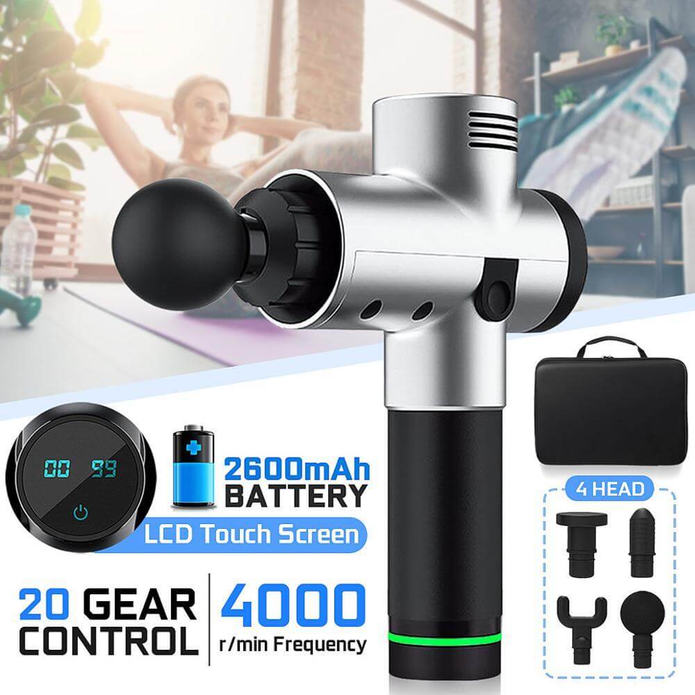 Nutrivibe 4-Head Body Massage Gun relieves muscle tension, reduces soreness, and enhances recovery with four interchangeable heads for targeted therapy.