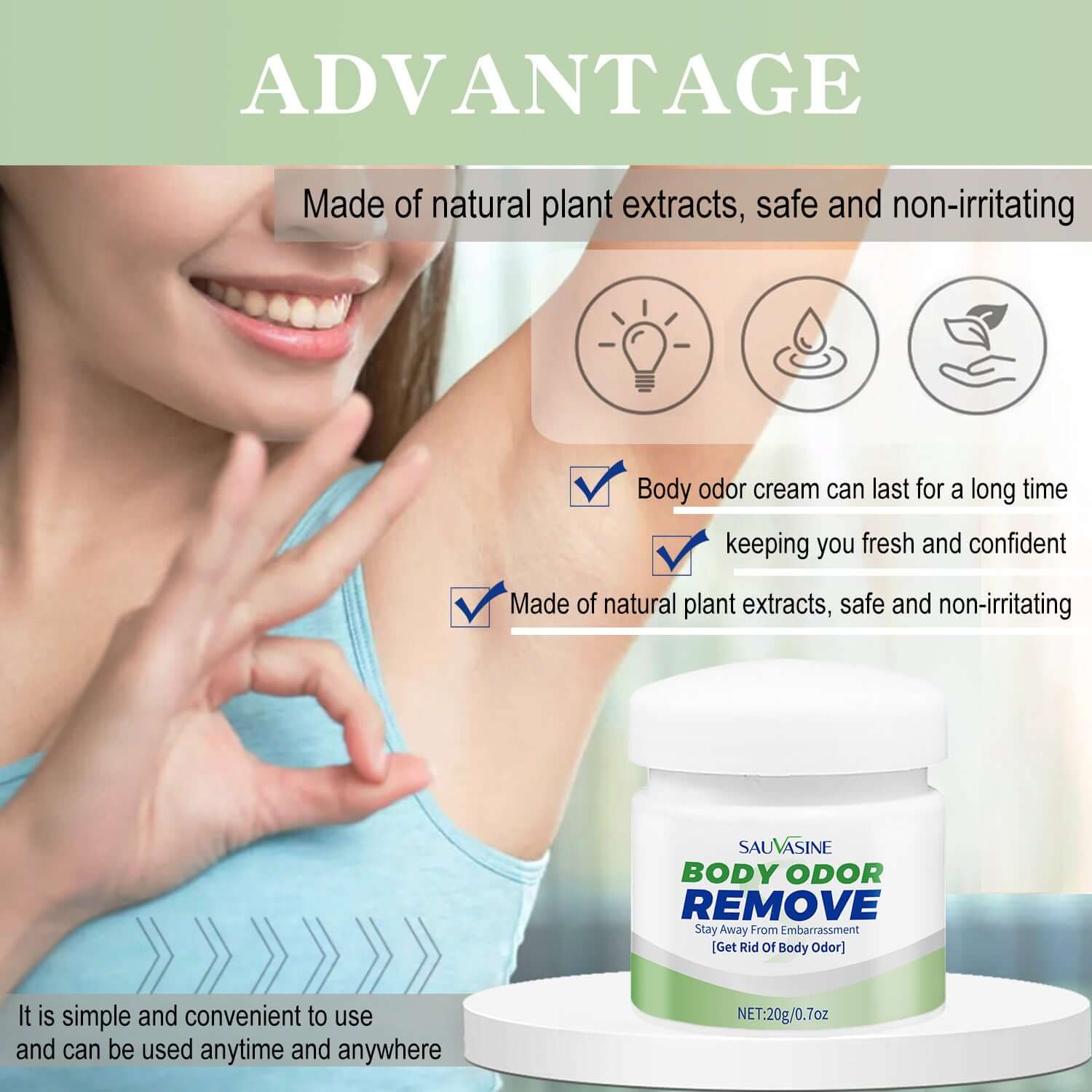 Nutrivibe Body Odor Cream 20g effectively controls body odor, keeps skin fresh, and provides long-lasting protection with natural ingredients.