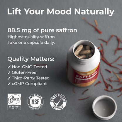 NUTRIVIBE Saffron Vitamin Capsules support mood balance, eye health, and overall wellness with natural antioxidants and daily nutrition.