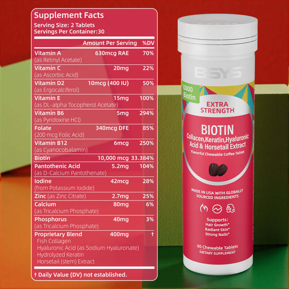 NUTRIVIBE BSYS Coffee Biotin Chews support hair growth, nail strength, and beauty from within with a delicious coffee flavor you’ll love.