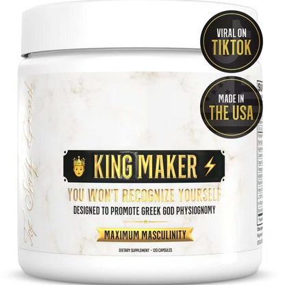 NUTRIVIBE King Maker capsules for maximum masculinity, promoting Greek god physique in men.