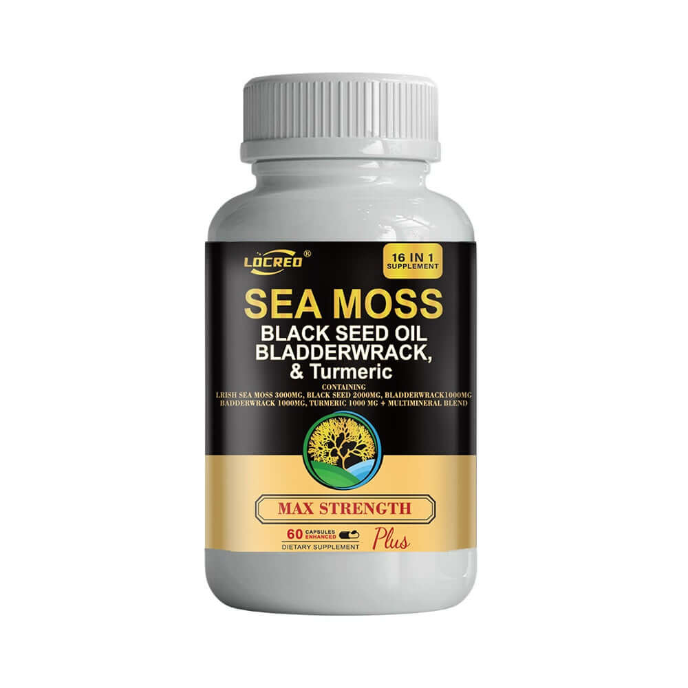 NUTRIVIBE 16-in-1 Sea Moss Capsule with black seed oil, bladder wrack, and turmeric supports joints, energy, and overall wellness.