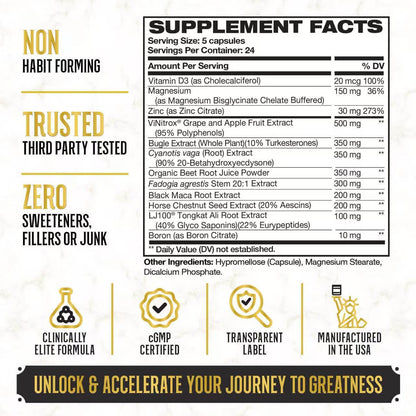 NUTRIVIBE King Maker supplement featuring 6 ingredients to boost masculinity, strength, and performance.