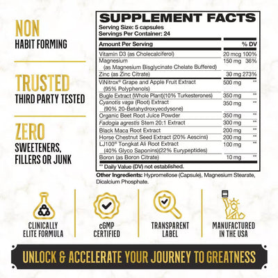 NUTRIVIBE King Maker supplement featuring 6 ingredients to boost masculinity, strength, and performance.