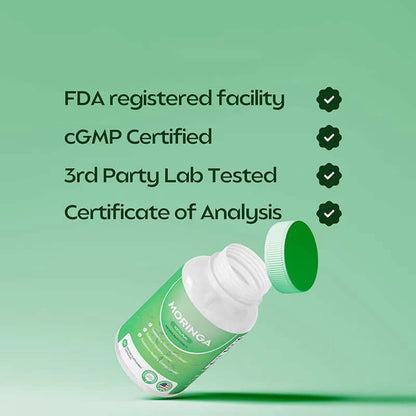 NUTRIVIBE Moringa Leaves Capsules features FDA registered facility, cGMP certified, 3rd party lab tested, certificate of analysis.