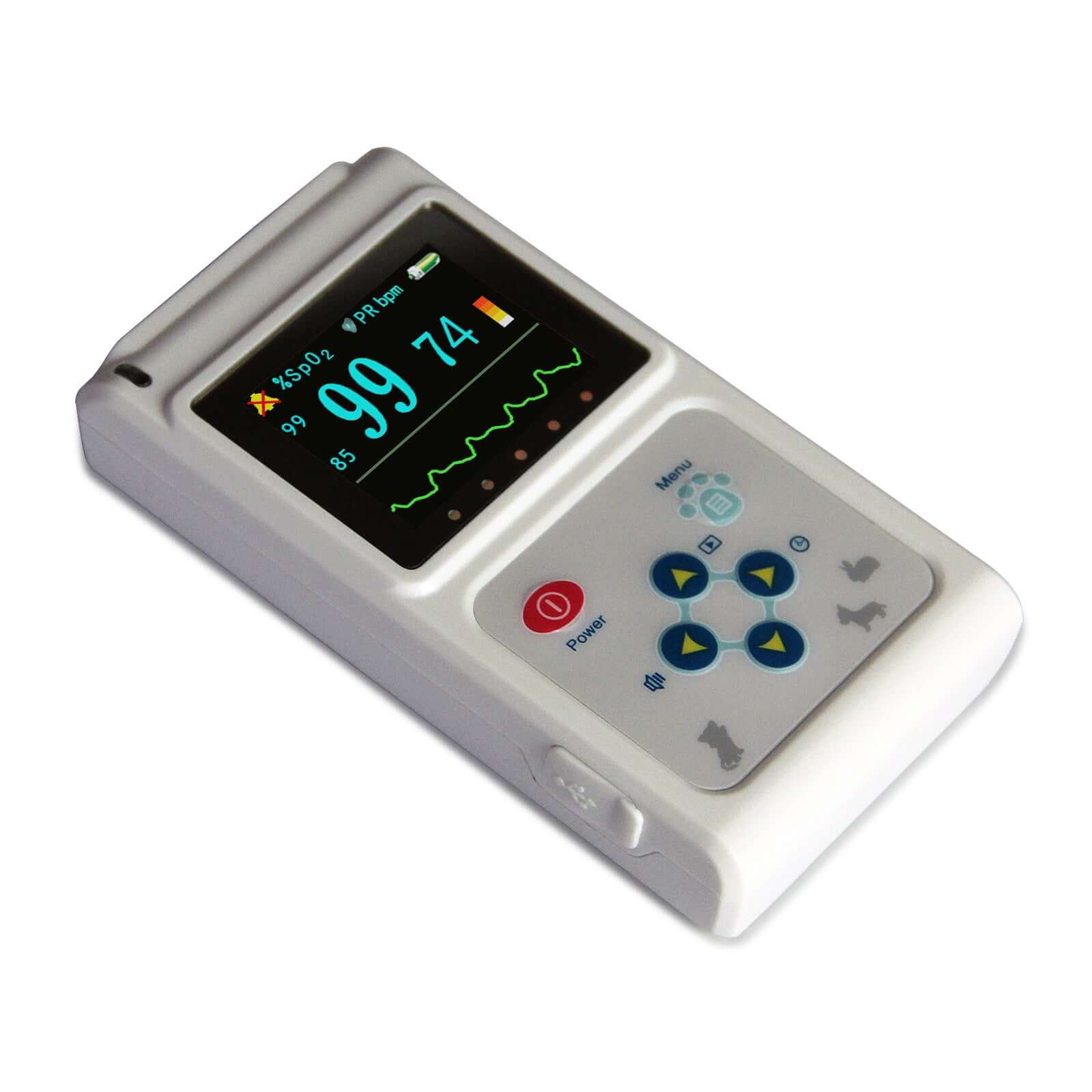 Nutrivibe Vet Pulse Oximeter measures SpO2 and pulse rate using ear and tongue probes, designed for precise veterinary monitoring with PC software integration.