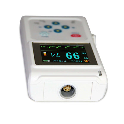 Nutrivibe Vet Pulse Oximeter measures SpO2 and pulse rate using ear and tongue probes, designed for precise veterinary monitoring with PC software integration.