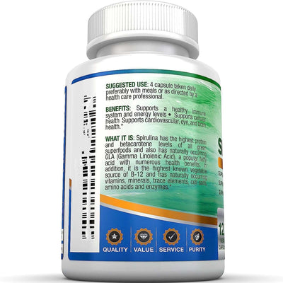 NUTRIVIBE Spirulina Capsules provide natural energy, detox support, and daily nutrition with 120 powerful superfood capsules.