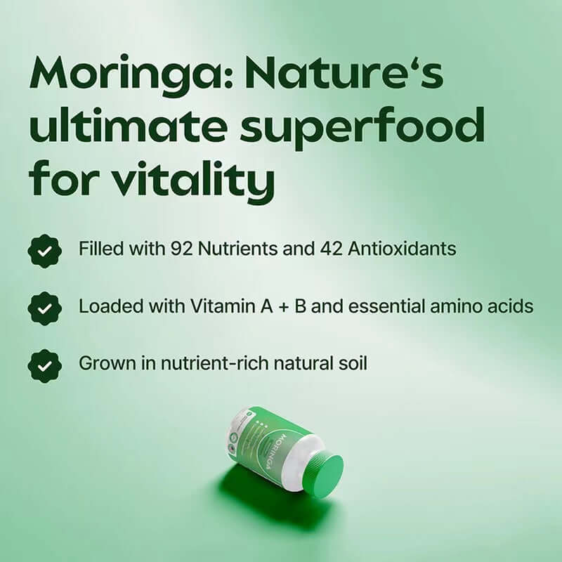 NUTRIVIBE Moringa Leaves Capsules features FDA registered facility, cGMP certified, 3rd party lab tested, certificate of analysis.