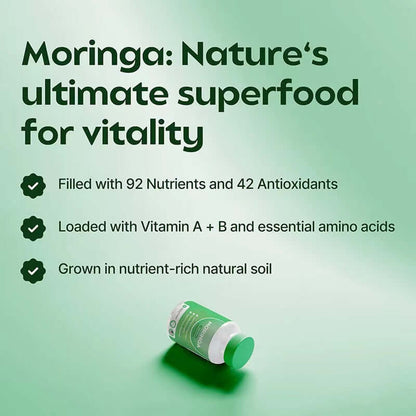 NUTRIVIBE Moringa Leaves Capsules features FDA registered facility, cGMP certified, 3rd party lab tested, certificate of analysis.