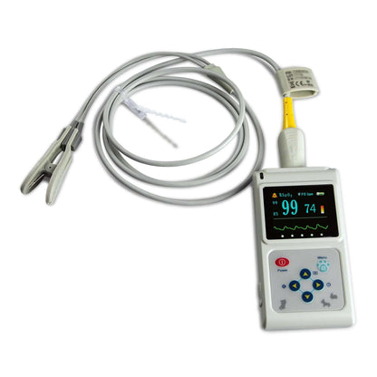Nutrivibe Vet Pulse Oximeter measures SpO2 and pulse rate using ear and tongue probes, designed for precise veterinary monitoring with PC software integration.