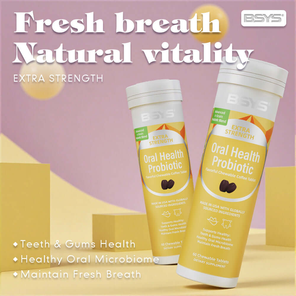 NUTRIVIBE BSYS Coffee Probiotic Chews support oral health, fresh breath, and gum care with a delicious coffee flavor—no chalky aftertaste.