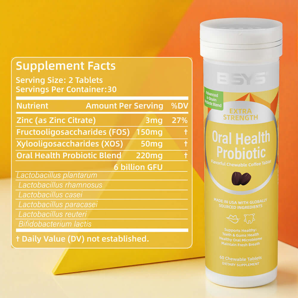 NUTRIVIBE BSYS Coffee Probiotic Chews support oral health, fresh breath, and gum care with a delicious coffee flavor—no chalky aftertaste.