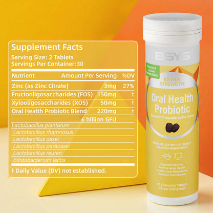 NUTRIVIBE BSYS Coffee Probiotic Chews support oral health, fresh breath, and gum care with a delicious coffee flavor—no chalky aftertaste.