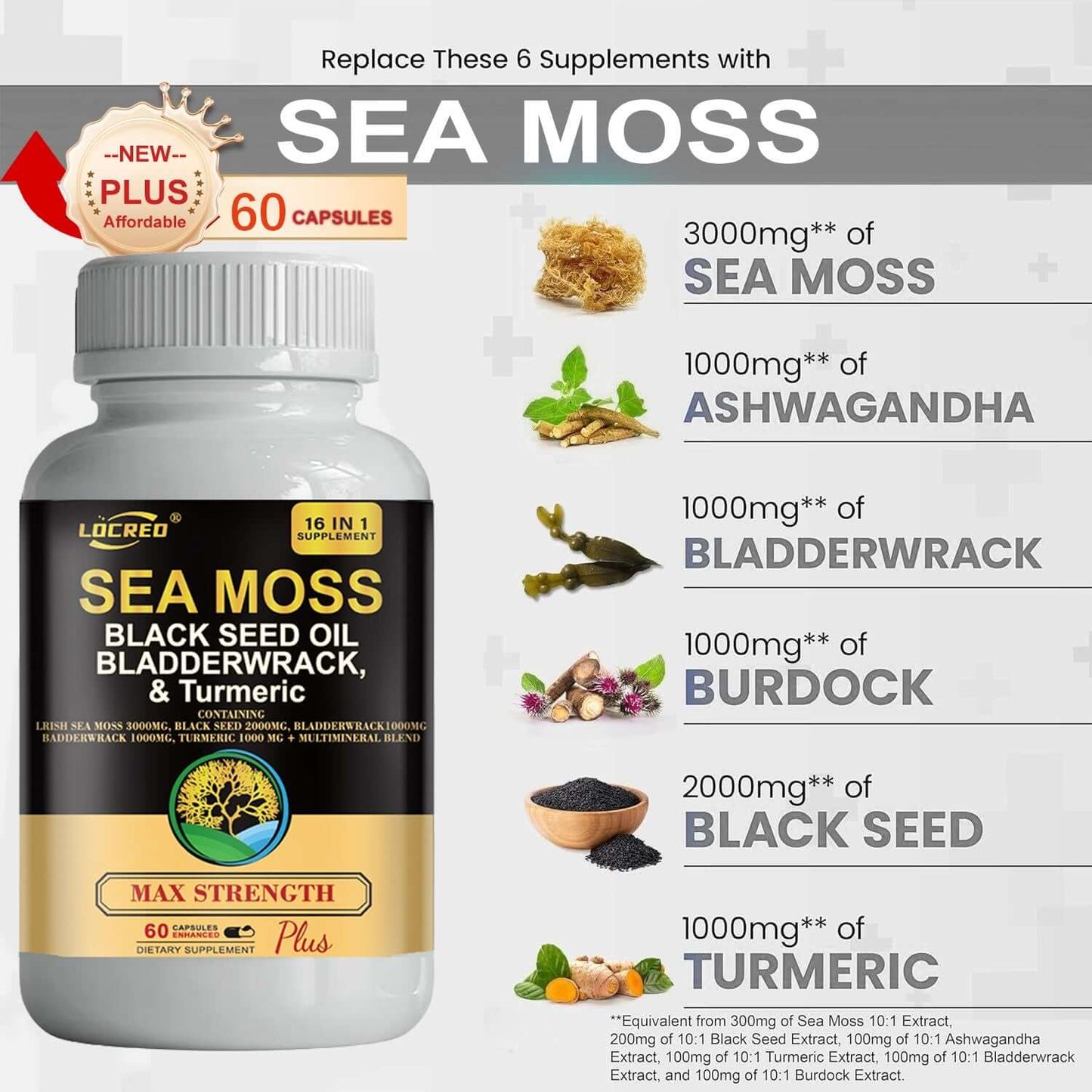 NUTRIVIBE 16-in-1 Sea Moss Capsule with black seed oil, bladder wrack, and turmeric supports joints, energy, and overall wellness.