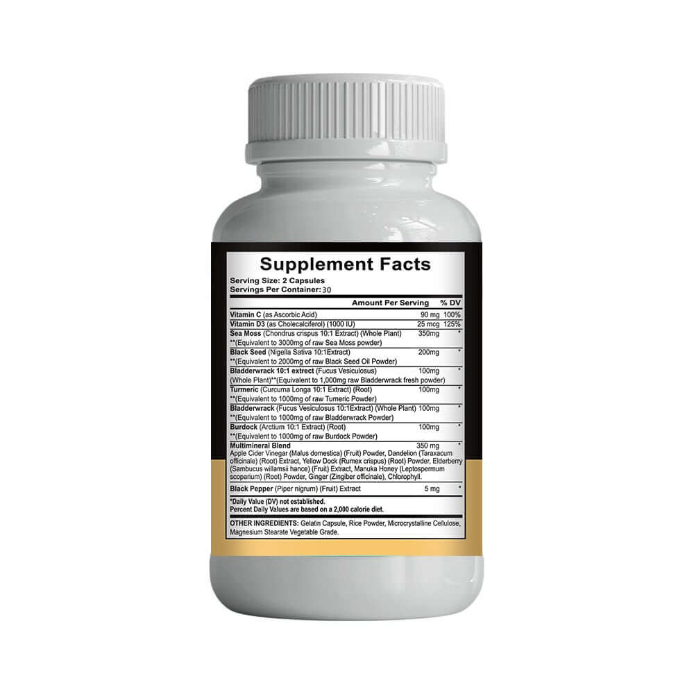 NUTRIVIBE 16-in-1 Sea Moss Capsule with black seed oil, bladder wrack, and turmeric supports joints, energy, and overall wellness.