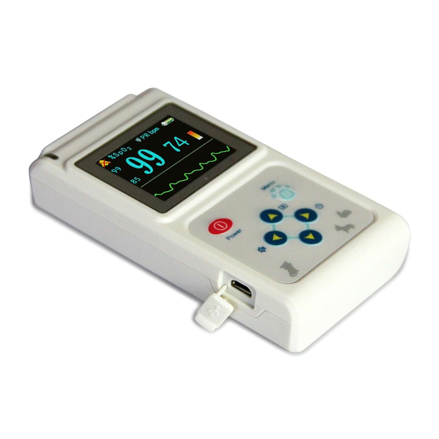 Nutrivibe Vet Pulse Oximeter measures SpO2 and pulse rate using ear and tongue probes, designed for precise veterinary monitoring with PC software integration.