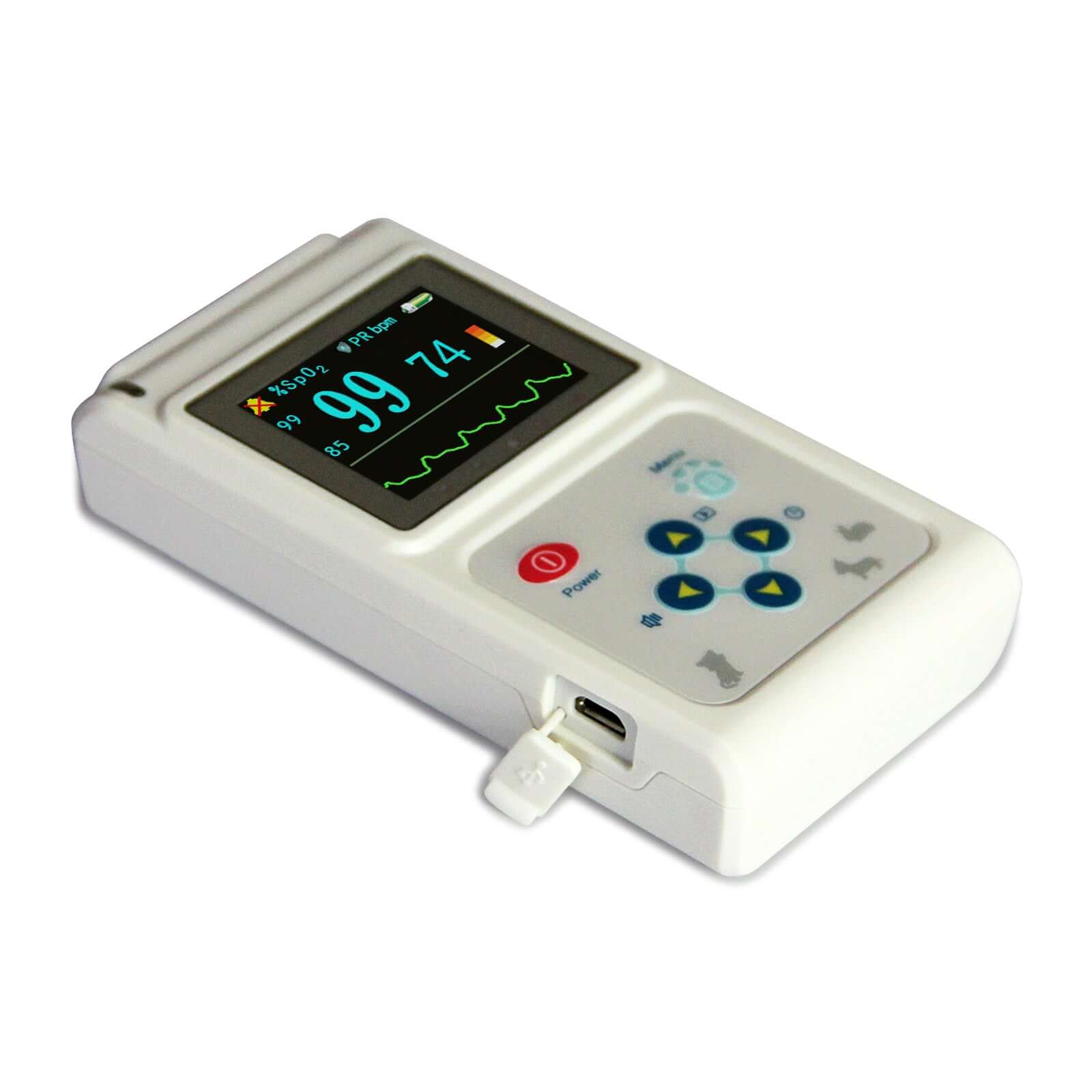 Nutrivibe Vet Pulse Oximeter measures SpO2 and pulse rate using ear and tongue probes, designed for precise veterinary monitoring with PC software integration.