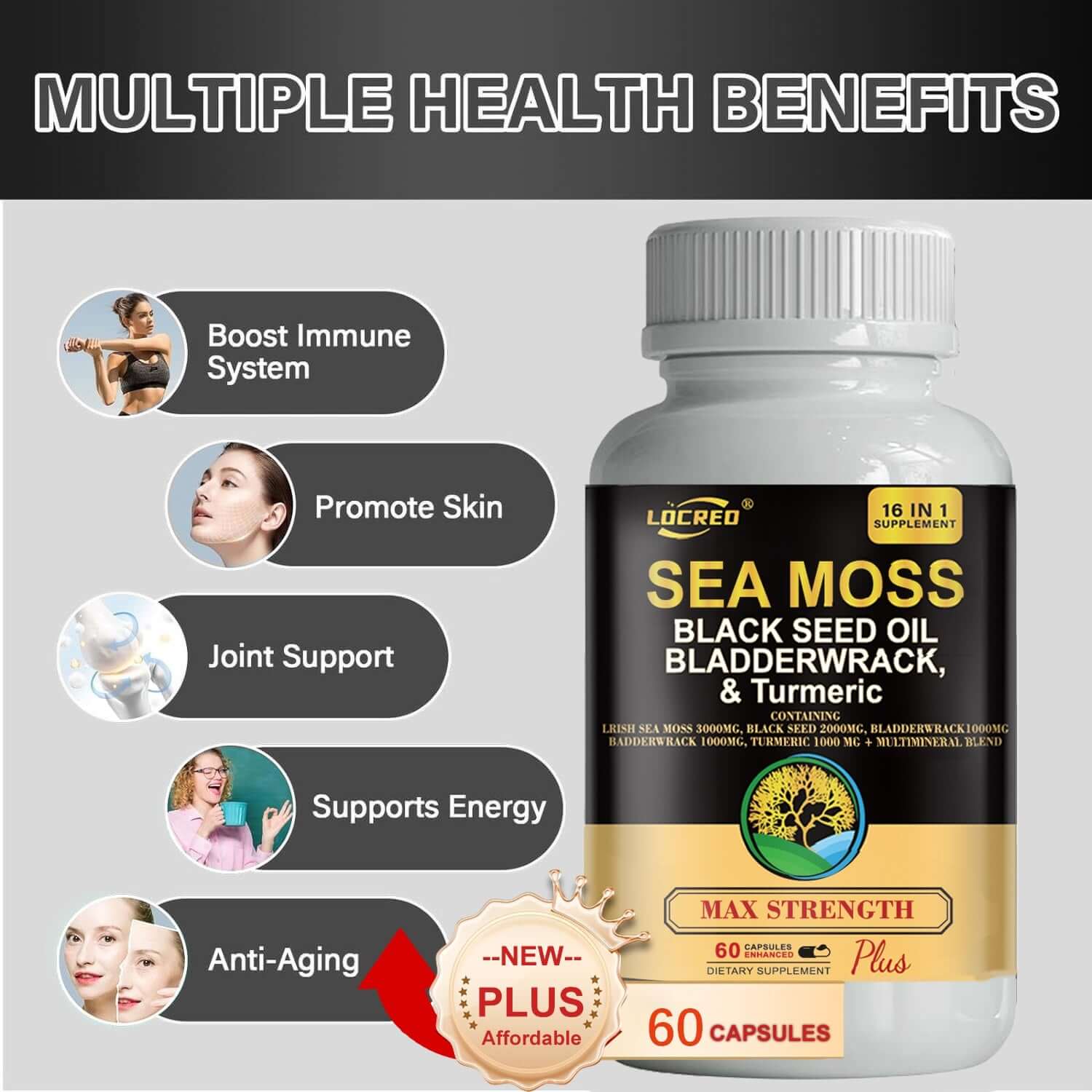 NUTRIVIBE 16-in-1 Sea Moss Capsule with black seed oil, bladder wrack, and turmeric supports joints, energy, and overall wellness.