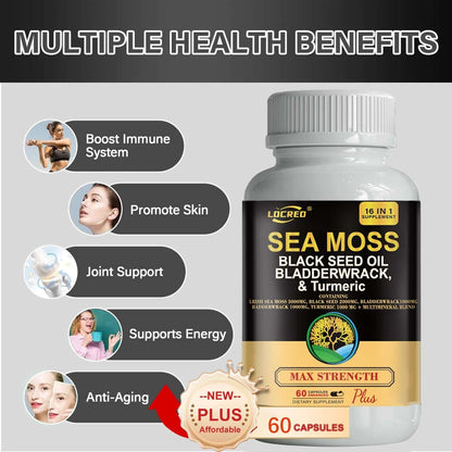 NUTRIVIBE 16-in-1 Sea Moss Capsule with black seed oil, bladder wrack, and turmeric supports joints, energy, and overall wellness.