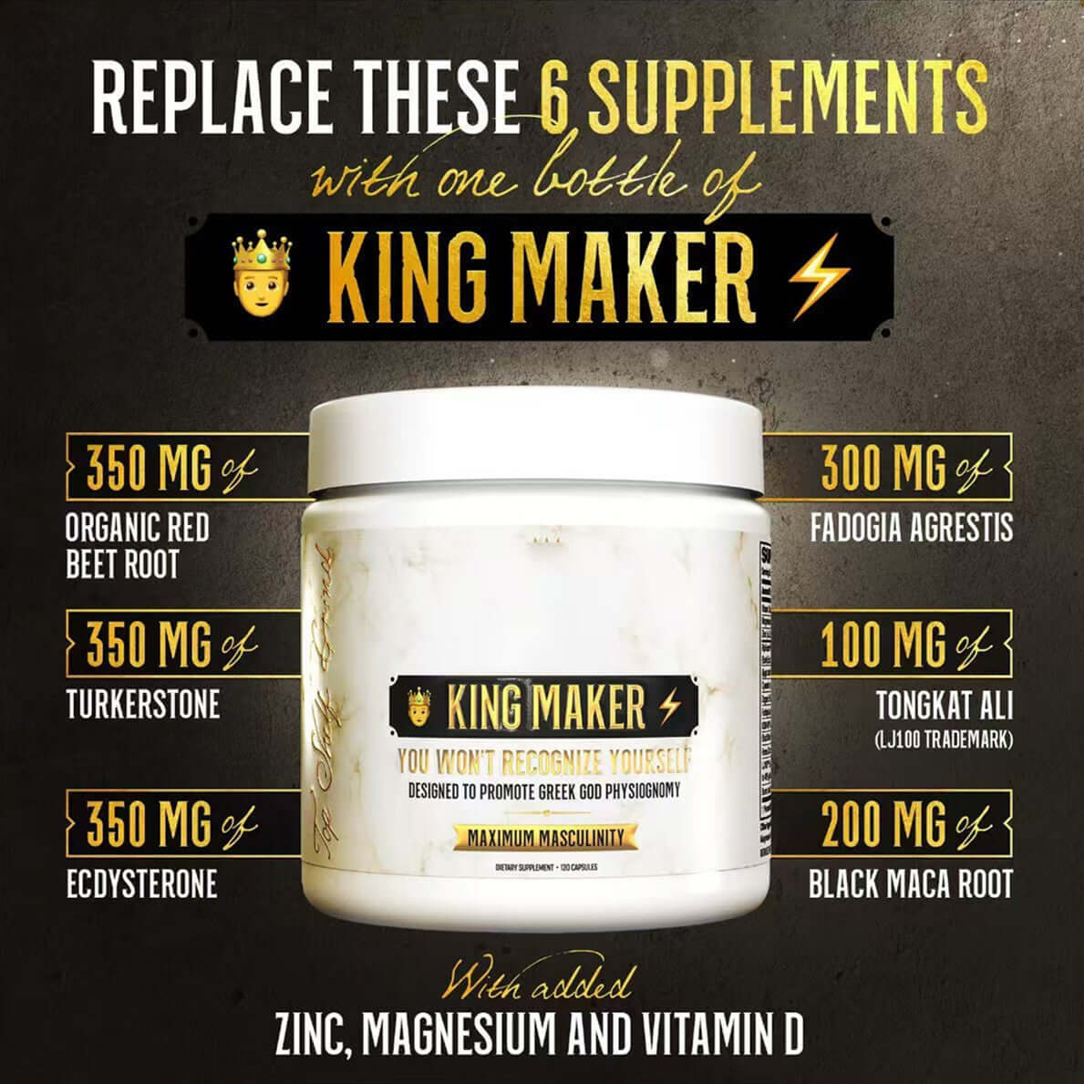 NUTRIVIBE King Maker supplement featuring 6 ingredients to boost masculinity, strength, and performance.