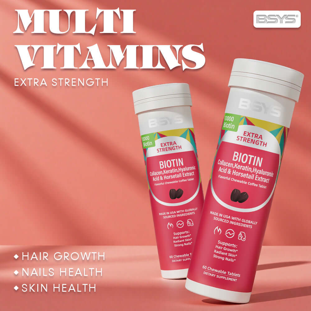 NUTRIVIBE BSYS Coffee Biotin Chews support hair growth, nail strength, and beauty from within with a delicious coffee flavor you’ll love.