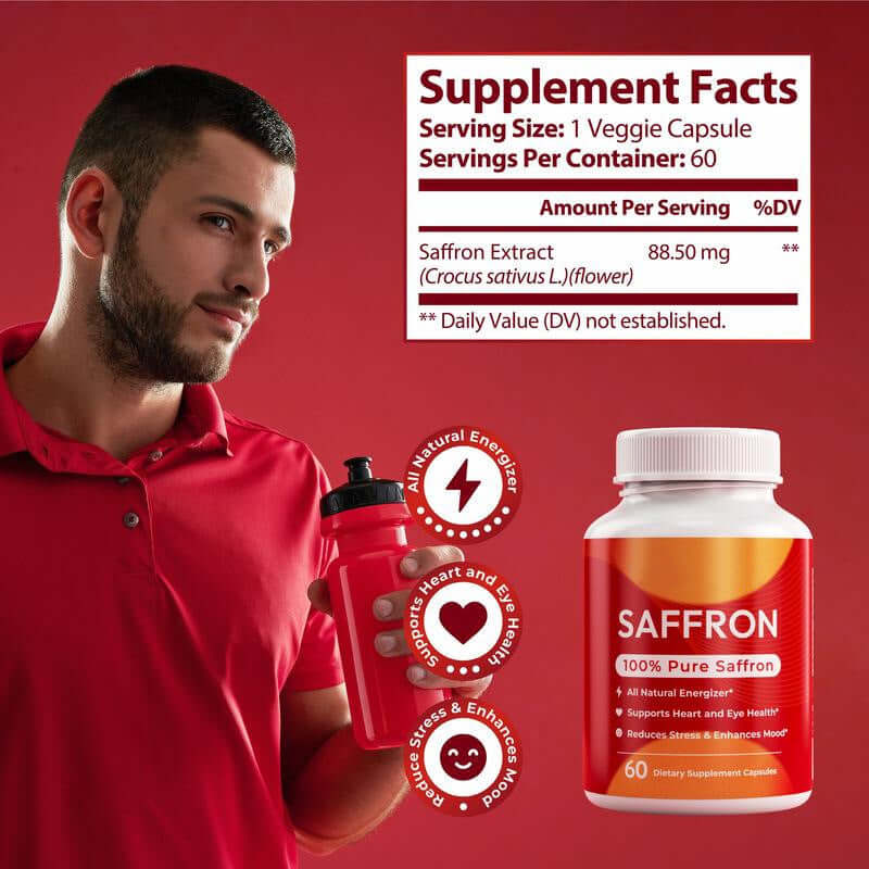 NUTRIVIBE Saffron Vitamin Capsules support mood balance, eye health, and overall wellness with natural antioxidants and daily nutrition.