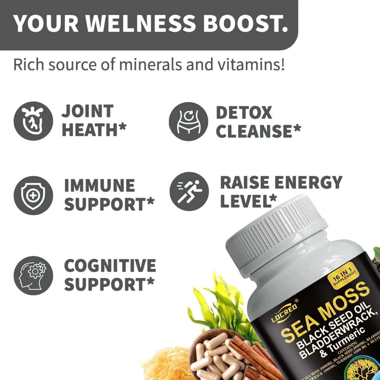 NUTRIVIBE 16-in-1 Sea Moss Capsule with black seed oil, bladder wrack, and turmeric supports joints, energy, and overall wellness.