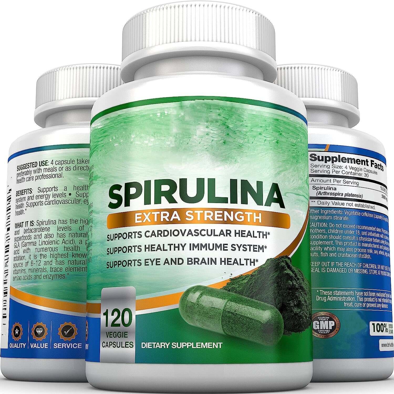 NUTRIVIBE Spirulina Capsules provide natural energy, detox support, and daily nutrition with 120 powerful superfood capsules.