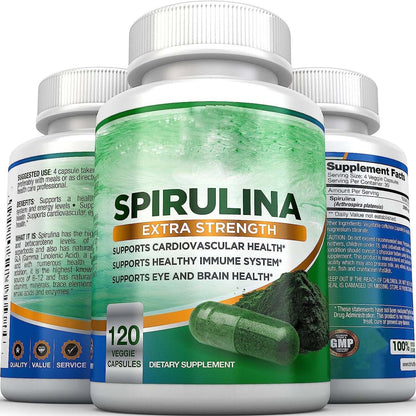 NUTRIVIBE Spirulina Capsules provide natural energy, detox support, and daily nutrition with 120 powerful superfood capsules.
