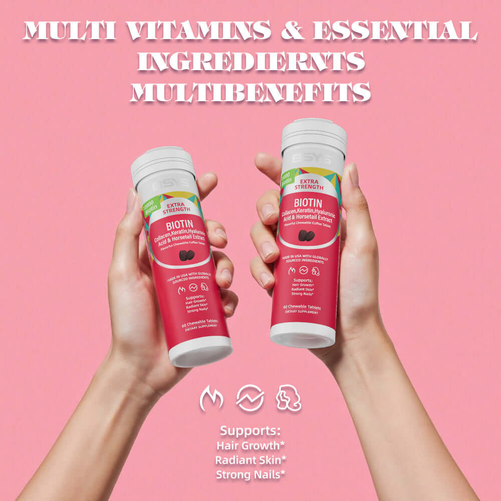 NUTRIVIBE BSYS Coffee Biotin Chews support hair growth, nail strength, and beauty from within with a delicious coffee flavor you’ll love.