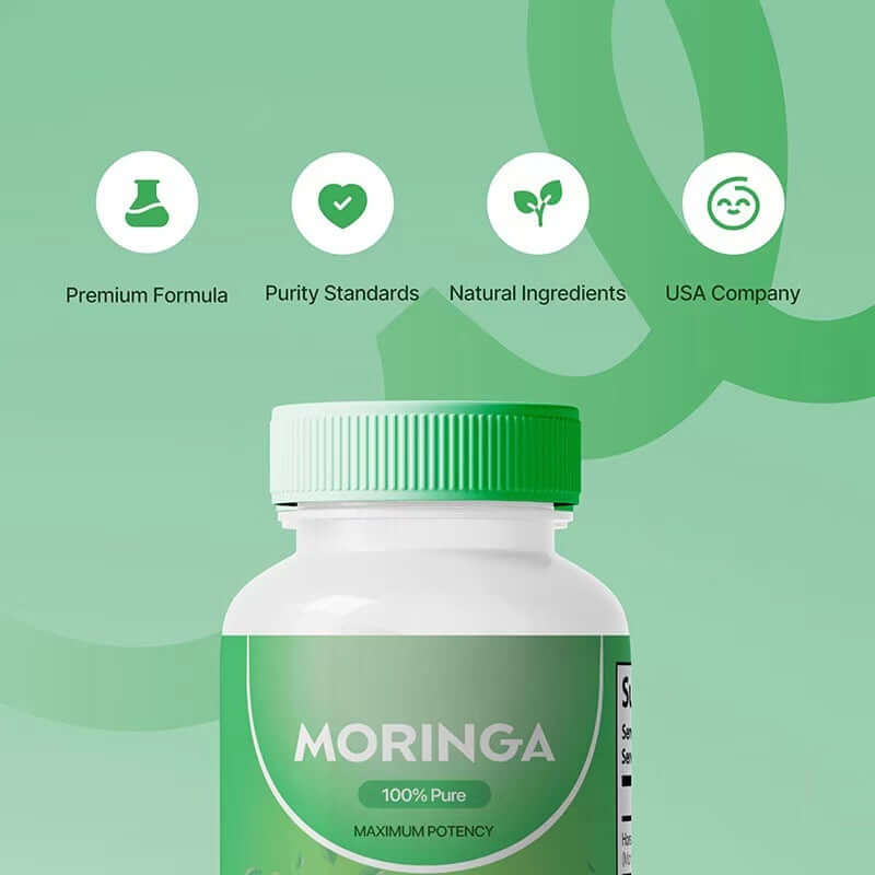 NUTRIVIBE Moringa Leaves Capsules features FDA registered facility, cGMP certified, 3rd party lab tested, certificate of analysis.