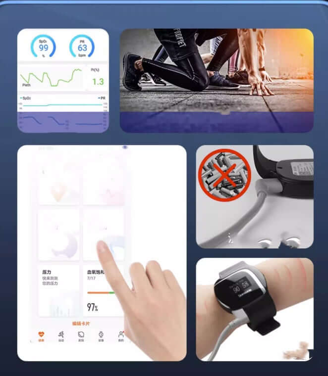 Nutrivibe Smart Oximeter Bracelet tracks heart rate, blood oxygen, sleep quality, and breathing patterns with Bluetooth connectivity for real-time monitoring.